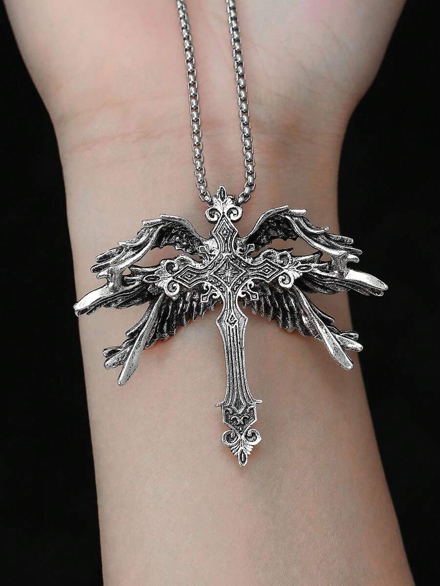 1 buah Kalung Salib Malaikat Bersayap Enam Bergaya Vintage, Kalung Sayap Salib Pedang Suci, Gaya Punk Gothic untuk Pria - Antique Silver - View 1
