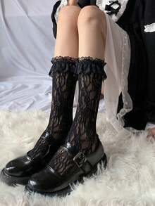 1 Pair Lolita Style Lace Trim Mid-Calf Socks, Fuzzy Mid-Calf Socks, Ankle Socks, Spring/Summer - Black - View 5