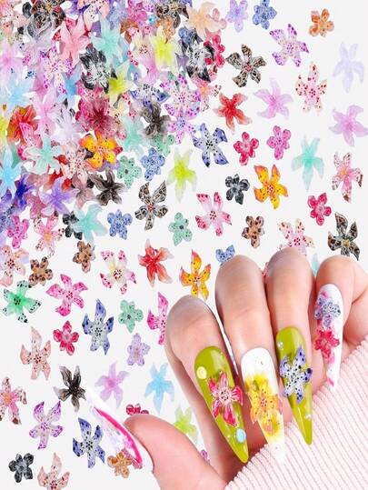 100PCS 3D Flower Nail Charms Small Hibiscus Floral Nail Rhinestones Resin Flatback Hawaii Flower Charms For Nails Design, Colorful Soft Floral Nail Decorations For Women Spring Nail Art DIY Supplies