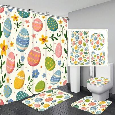 Bộ 1/4 rèm tắm hình trứng Phục Sinh hoạt hình, quà tặng tân gia trang nhã, rèm trang trí phòng tắm hiện đại kèm 12 móc, thảm chống trượt, thảm chữ U cho bồn cầu, nắp bồn cầu, bộ phụ kiện phòng tắm trang trí mùa xuân.