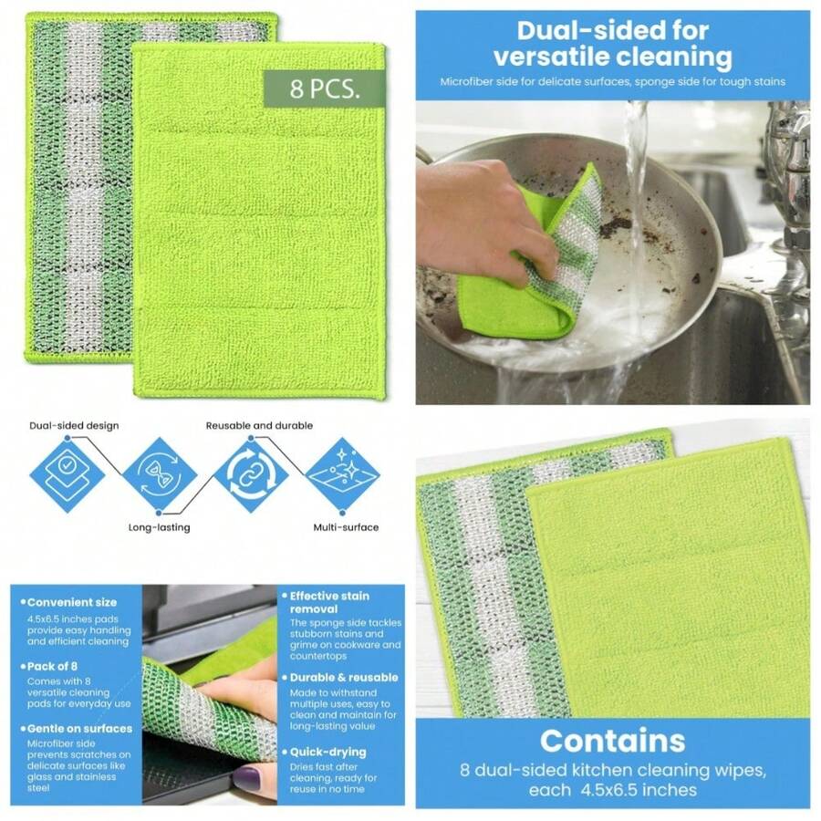 Reusable Dual Sided Microfiber Sponge Cloths Dish Cleaning Wipes For Kitchen Countertops Stovetops Cleaning Rags Pack Of 8 - 1 - View 1