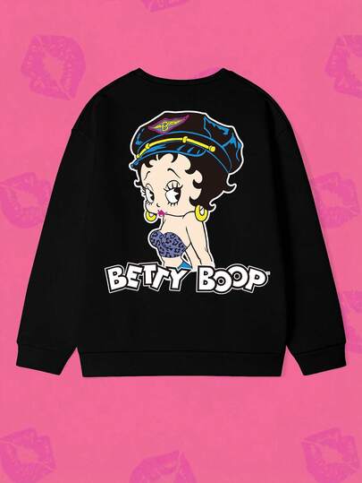 Whysmera SHEIN X Betty Boop Áo sweatshirt nữ cổ tròn dáng rộng in chữ, thời trang và thoải mái, thích hợp mặc hàng ngày vào mùa thu/đông.