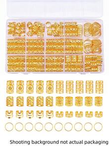 160件套混合发圈和发带套装，个性化街头风派对发夹和发绳，适合女性和女孩，波西米亚风编发 - 金色 - 查看 2