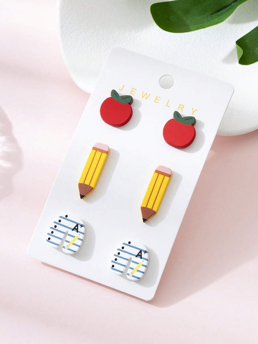 Bộ 3 đôi bông tai bằng đất sét mềm tráng men hình quả táo, bút chì và sổ tay, quà tặng nhân dịp năm học mới cho giáo viên và học sinh. - Nhiều màu - Xem 1