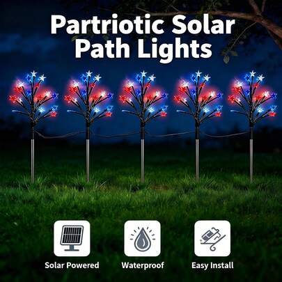 Luces solares rojas, blancas y azules para exteriores, 5 cabezales de luces de estaca de jardín patrióticas, luces solares para senderos para el patio, el césped y los pasillos, decoraciones para el 4 de julio, el Día de los Caídos y el Día de la Independencia