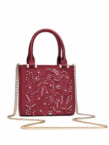 时尚花卉刺绣方形包 高品质手提包 大容量女士手提包 女士钱包 单肩斜挎包 - 酒紅色 - 查看 5