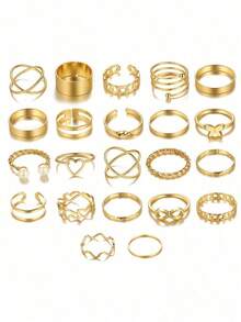 28pcs Heart Shaped Geometric Bohemian Style Rhinestone Accent Minimalist Wave Knuckle Rings, Suitable For Women's Daily Wear, Dates, Parties, Valentine's Day, Anniversary, Gifts For Girlfriends, Friends, Party, Street Style (Includes Size Chart, Do Not Shower Or Forcefully Bend, Please Purchase Carefully) - 金色 - 查看 2