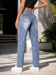 Jeans lavados rasgados diarios simples en azul para mujer, Pantalones vaqueros ajustados, Pantalones vaqueros casuales rectos, holgados y desgastados con detalles de bolsillo para mujer - Azul - Ver 2
