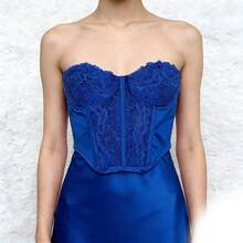 WO Cropped Corset With Back Zipper And Lace Top - Xanh đậm - Xem 2