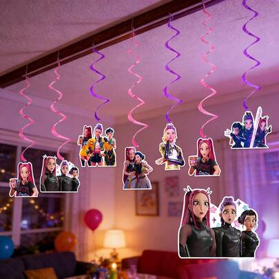 1pc Kpop Inspired Hanging Swirl Decorations Assorted Anime Character Cutouts With Pink & Purple Swirls, Great For Party Supplies & K-Pop Themed Gatherings Random Style & Packaging