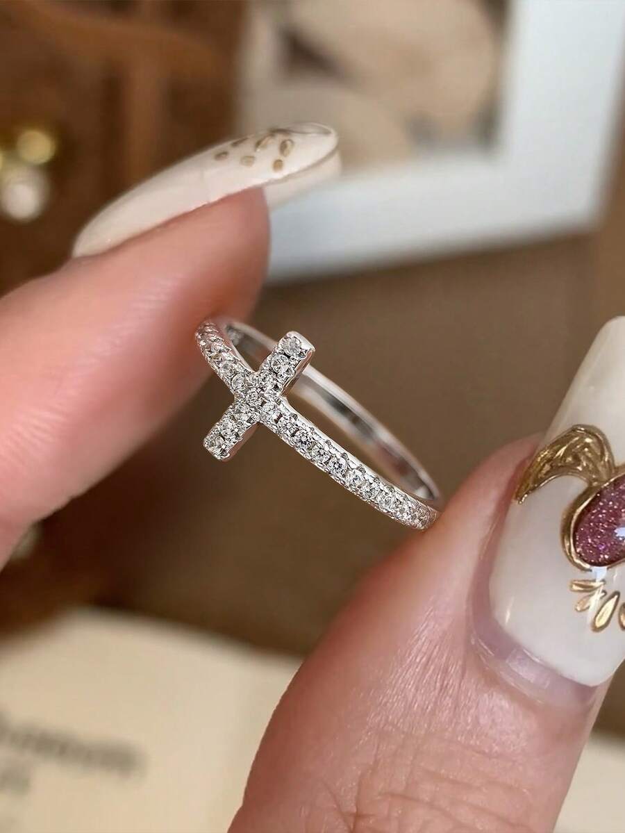 1pc T-Shape Zirconia Cross Ring, Made Of 925 Sterling Silver, Minimalist Casual, Suitable For Daily Wear, Parties, Valentine's Day Gift - Cross T Ring - View 1
