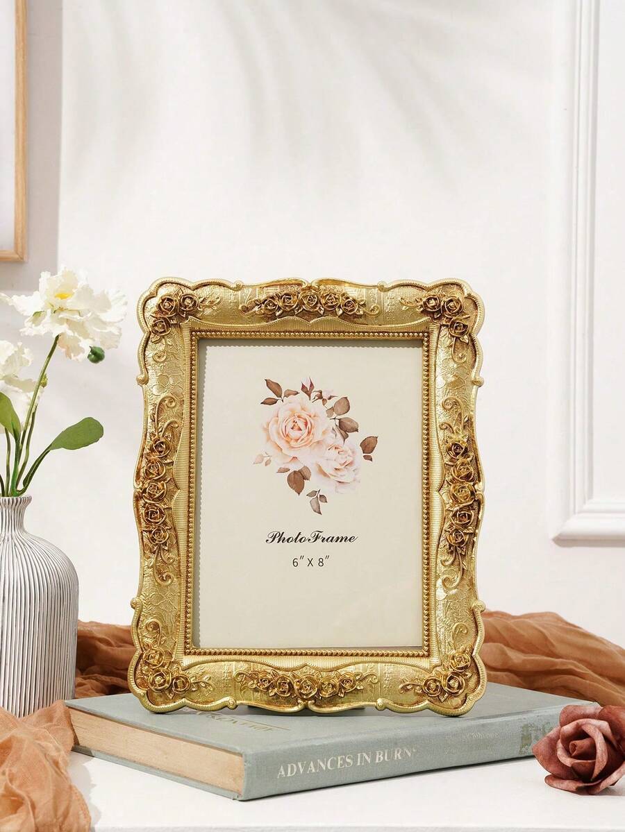 1pc European Style Rectangular Gold Rose Embossed Decorative Photo Frame, 3D Rose Pattern Photo Display Frame, Suitable For Home Photo Display And Photography Decor - A - View 1