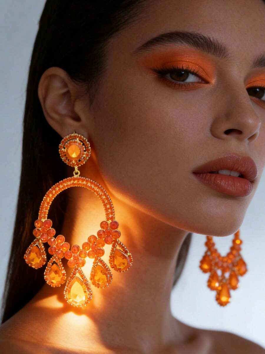 橙色串珠流苏耳环，波西米亚风大圆形水滴耳环，适合女性佩戴，可用于派对、婚礼、舞会等场合。