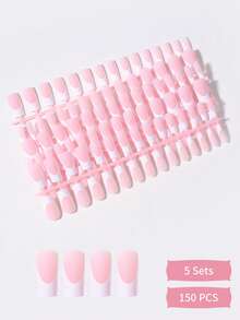 150片/套杏仁形黑色法式按压式假指甲，渐变美甲甜美别致法式/韩式风格美甲贴纸，新款时尚美甲贴片，包含1片果冻胶和1个指甲锉，适合女士派对、舞会、日常穿着 - 查看 4