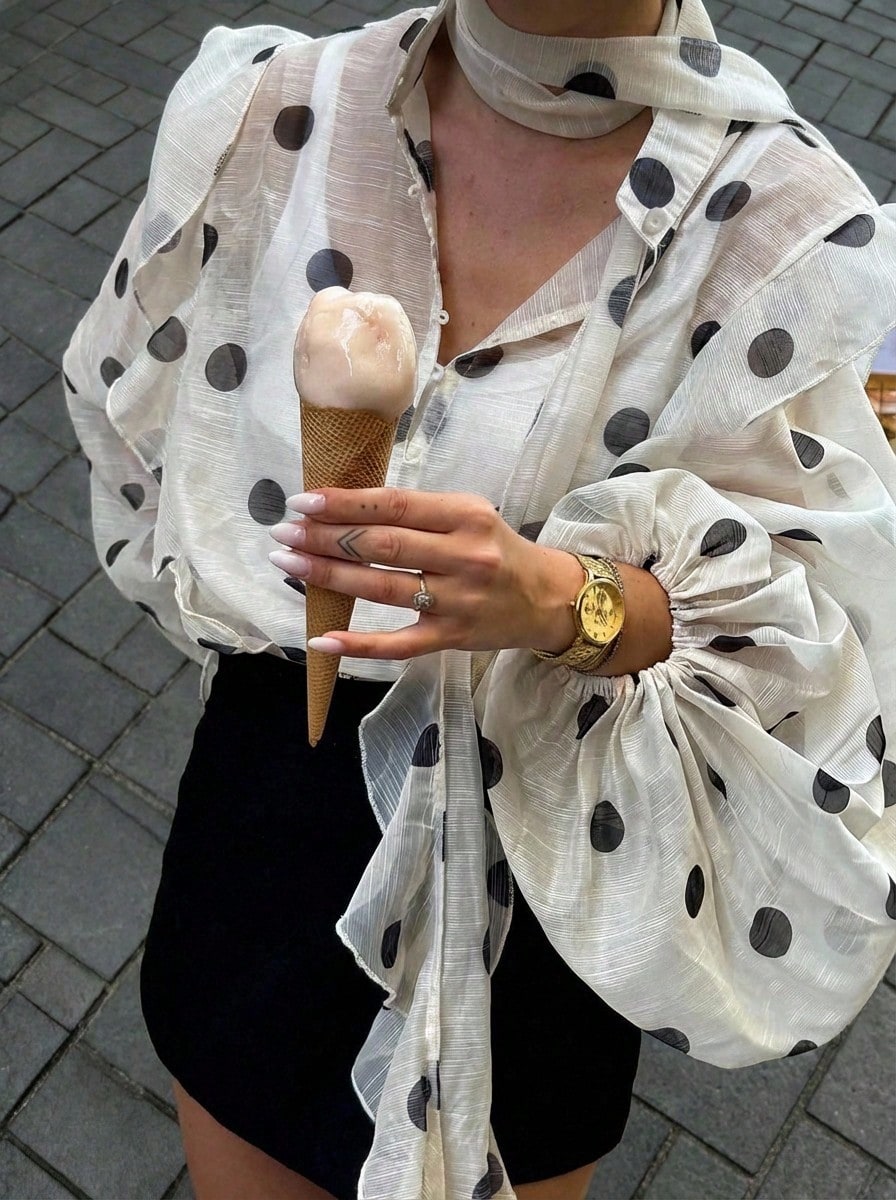 Retro Polka Dot Print Blouse, Loose Chiffon Lantern Sleeves, Ruffles, Sheer Button-Down Shirt, Street Style, Beach Vacation - White - View 1