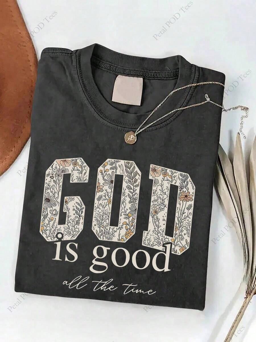 Women's God Is Good Floral Graphic T-Shirt, Retro Christian Faith Tee, Casual Crewneck Short Sleeve, Vintage Washed Cotton Top - 黑色 - 查看 1