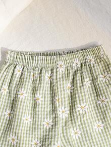 2pcs Girls Daisy Print Green Plaid Top And Pants Set, Summer - Green - View 5