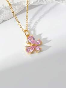 1pc Fashionable Creative Elegant Butterfly & Lilac Zirconia Pendant Necklace, Versatile For Women - Yellow Gold - View 14