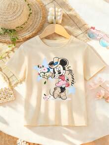Disney Minnie Mouse Western Floral Print Tee For Toddlers & Kids 2-14, Unisex, Lightweight Comfort, Playwear All Season, Express Delivery - 杏色 - 查看 1