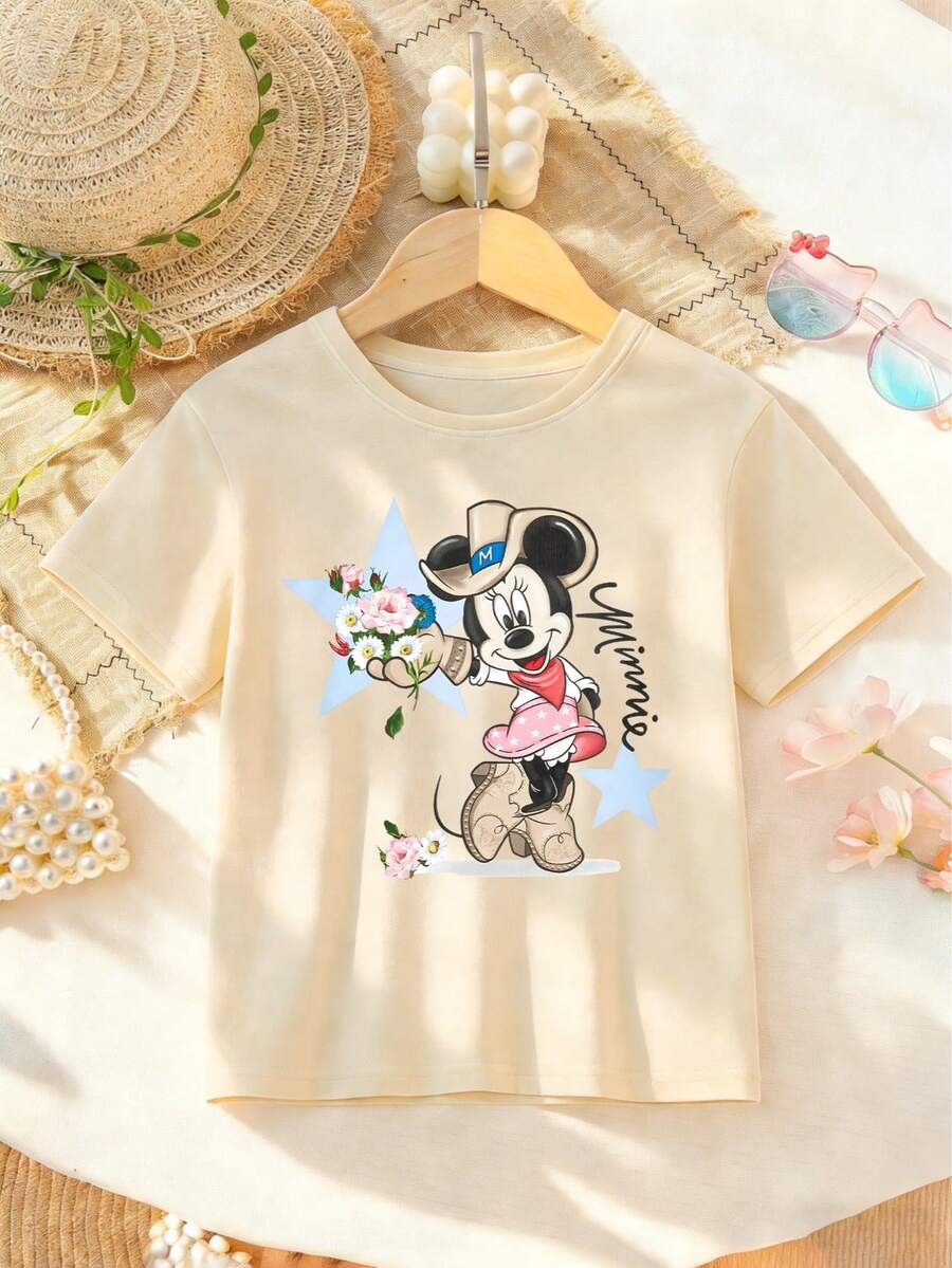 Disney Minnie Mouse Western Floral Print Tee For Toddlers & Kids 2-14, Unisex, Lightweight Comfort, Playwear All Season, Express Delivery - 杏色 - 查看 1