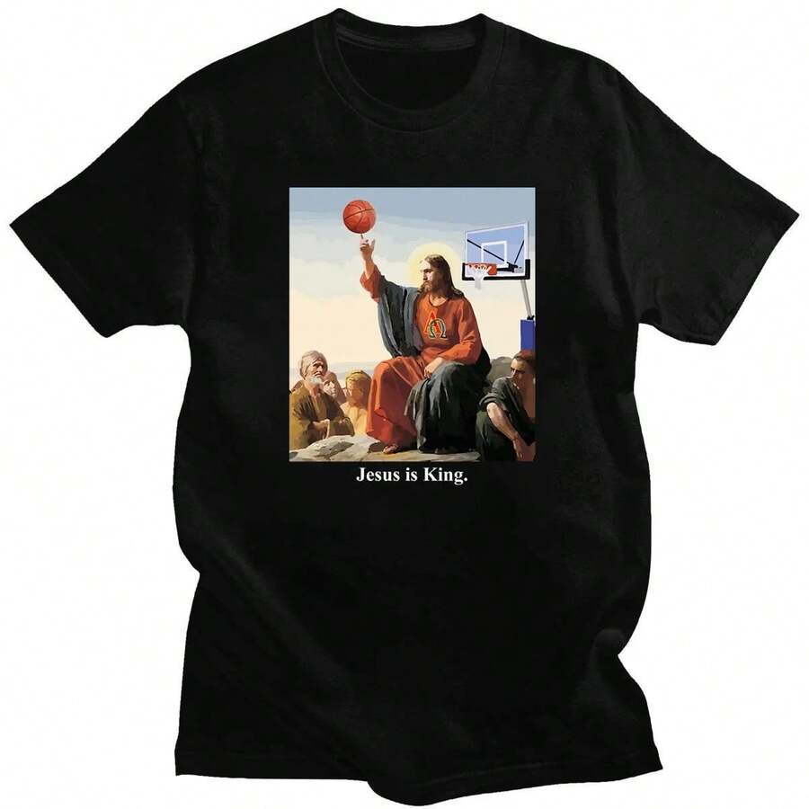 Vintage T Shirts Funny Jesus Play Basketball T-Shirt Christian Faith Tee Women Men Religion Tops Religious Easter Clothing Men's Clothing Best Gift, Patterned Short Sleeve T-Shirt Graphic T Shirt - 黑色 1 - 查看 1