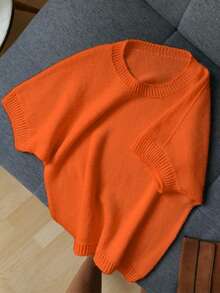 Minimalist Solid Color Round Neck Short Sleeve Knit Top Summer - Burnt Orange - View 3