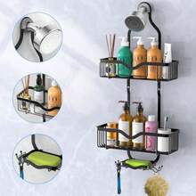 Kadolina - Organizador para ducha estante organizador de baño estante de ducha con jabonera carrito sobre el cabezal de ducha con ganchos para maquinilla de afeitar o esponja negro mate se - Negro mate - Ver 4