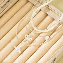 Multi-Layer Rhinestone Fish Tail & Bow Pendant Necklace, Layered Faux Pearl Jewelry Suitable For Women's Daily Wear - Silver - View 10