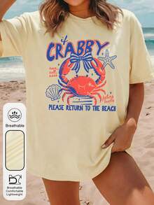 Women's Daily Crab With A Bow Graphic Crew Neck Short Sleeves Casual Summer Women's Tops ,Back To The Beach Slogan Graphic Fashionable And Versatile Women's Apricot T-Shirt Vacation - Apricot - View 2