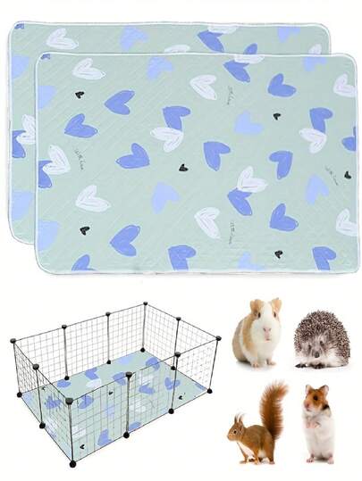 2pcs Reusable Pet Cage Mats - 3 Pattern Options: Green With Blue Heart/Pink Heart/Blue Dinosaur. Wear-Resistant, Washable Polyester Base Mat, 27.5x19.6 Inches. Suitable For Hamsters, Rabbits, Guinea Pigs, Squirrels, Cats, Dogs, And Reptiles.