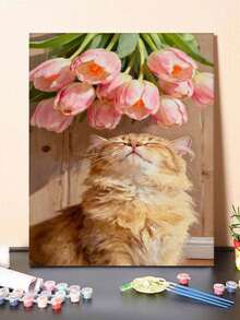 40x50厘米/16x20英寸 猫与粉色郁金香 DIY数码油画画布，手工制品，家居装饰，节日礼物 - 40*50厘米 - 查看 6