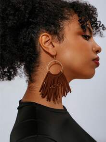 1 Pair Bohemian Style Tassel Hoop Earrings, Women's Western Style Earrings, Brown Tassel Beaded Long Dangle Earrings, Exaggerated Earrings For Beach Holiday - Suede Earrings - View 2