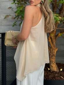 Solid Color Asymmetric Asymmetrical Knot Vacation Cold Shoulder Top Summer - Apricot - View 4