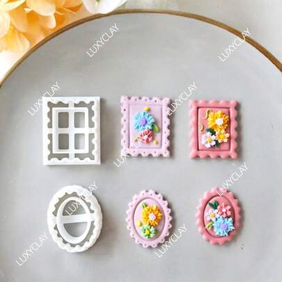 压花邮票造型聚合物粘土切割器，适用于耳环和珠宝制作；扇形矩形和椭圆形软陶粘土模具，适用于吊坠和项链装饰制作