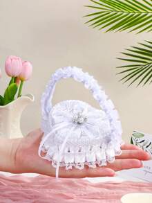 1pc White Handheld Wedding Ring Box With Pearl Bow And Satin Ribbon Decoration, Suitable For Wedding, Proposal, Anniversary - View 6