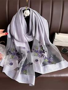 1pc Women's Elegant Hollow Faux Pearl Plaid Pattern Silk Scarf, Printed With Beautiful Flowers, Solid Color Shawl, Casual Headscarf And Neck Scarf, Suitable For Daily Wear And Summer Beach Sun Protection, Perfectly Matches Dresses, Suitable For All Seasons - Multicolor - View 16