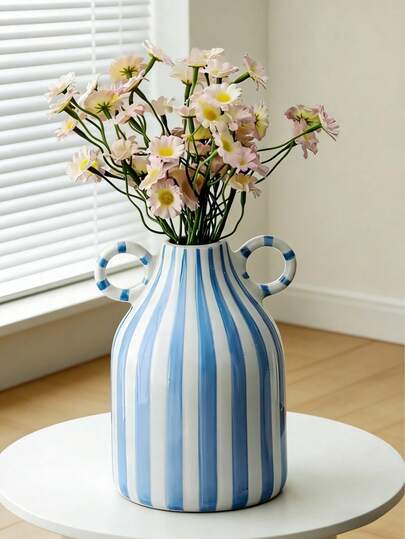 1个条纹花瓶，现代装饰花瓶，适用于室内外花园摆放，蓝白/黑白配色