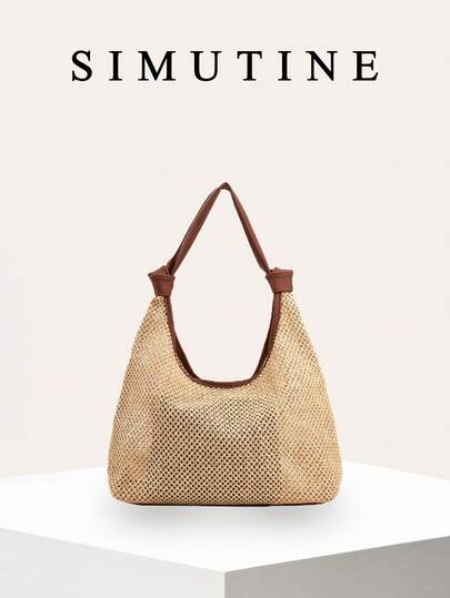 SIMUTINE 大容量极简编织手提包，女士夏季海滩度假手提包，小众设计腋下包，草编材质，日常使用包，适合购物、旅行、工作、大学等场合