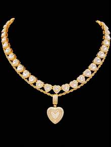 Bộ 1 dây chuyền mặt hình trái tim đính đá Cubic Zirconia và dây chuyền hình trái tim 10mm, bộ trang sức thời trang phong cách hip hop dành cho nữ, thích hợp đeo hàng ngày hoặc dự tiệc, quà tặng ngày Valentine. - Vàng - Xem 12