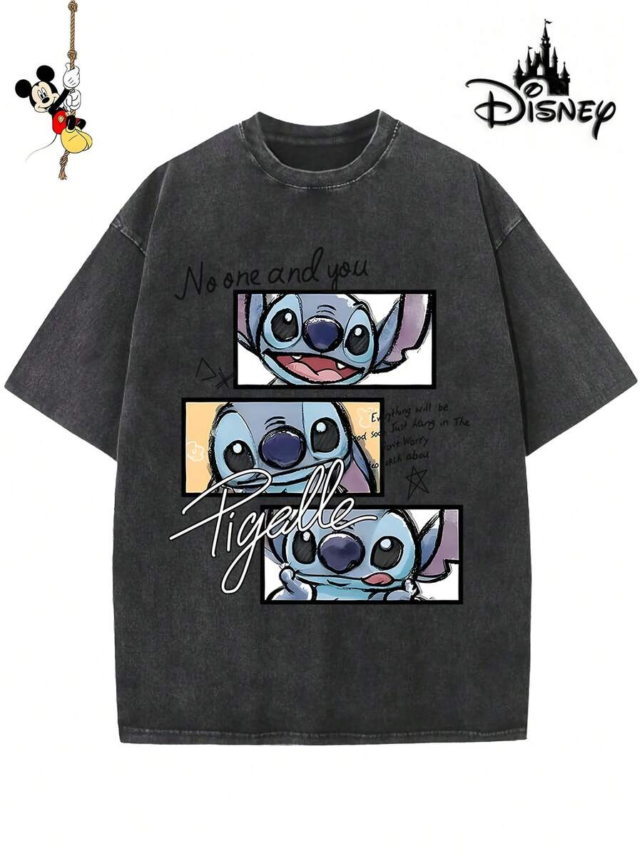 Disney-Licensed Men's Cotton T-Shirt For The 2026 Family Holiday. Featuring A Stitch Motif, Washed Crew Neck, Soft And Comfortable Feel, Easy Care And Suitable For Various Occasions Such As Holidays, Everyday Life And Commuting – Full Of Festive Spirit. - 黑色 - 查看 1