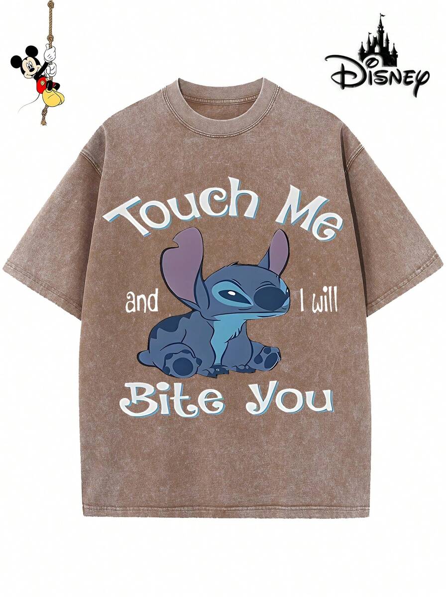 Disney-Licensed Men's Cotton T-Shirt For The 2026 Family Holiday. Featuring A Stitch Motif, Washed Crew Neck, Soft And Comfortable Feel, Easy Care And Suitable For Various Occasions Such As Holidays, Everyday Life And Commuting – Full Of Festive Spirit. - 咖啡棕 - 查看 1