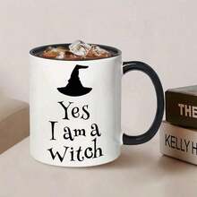 1个“我是女巫”陶瓷马克杯 - 万圣节主题女巫帽图案马克杯，黑白高对比度设计，符合人体工学的手柄 - 送给女巫、年轻人、万圣节派对和庆祝活动的完美礼物，节日饮具 | 主题陶瓷马克杯 | 黑白咖啡杯 - 粉色 - 查看 7