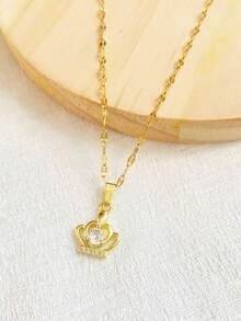 1pc Stainless Steel Cubic Zirconia Crown Necklace, Gift For Women, Party, Date, Wedding - Yellow Gold - View 4