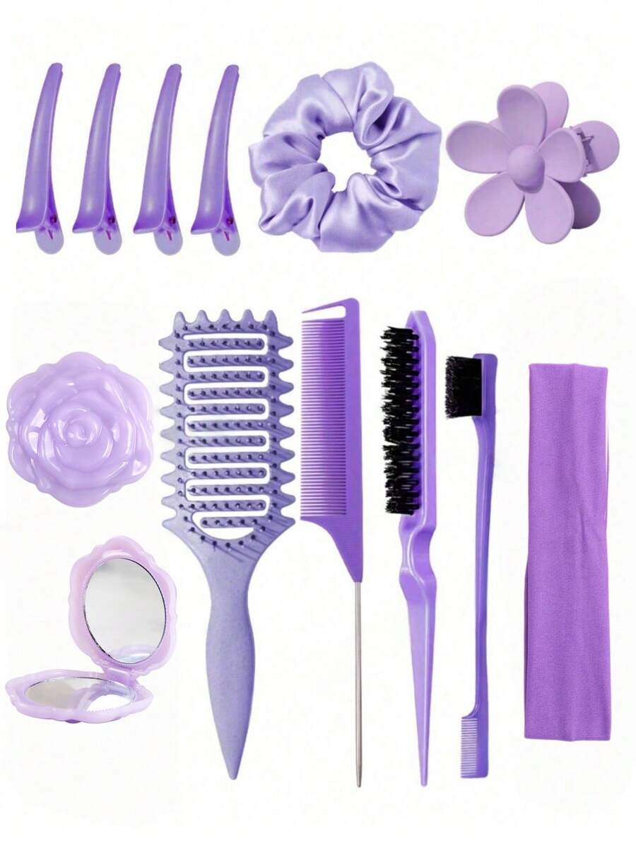 2/4/5/6/11/12pcs Women's Hair Styling Brush Set (New Upgraded Curling Brush, 9-Row Nylon Cushion Styling Brush, Volumizing Brush, Tail Comb, Edge Brush, Spray Bottle, 4pcs Duck Clip, Flower Hair Clip, Hair Styling Brush Set), Curling Brush - Multicolor - View 1