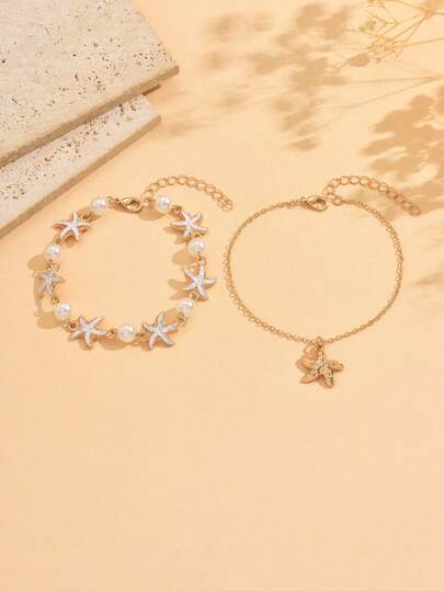 2pcs Delicate Glazed Starfish Pendant, Beach Vacation Style Starfish Pearl Anklet, Sweet Accessories Suitable For Teenage Girl Gifts