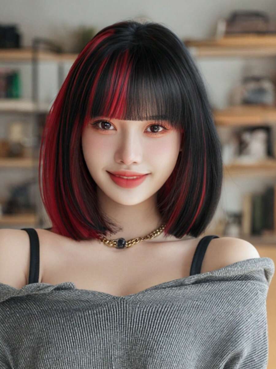 1顶时尚女士波波头假发，10英寸短直发，带刘海，挑染红色，丝滑合成纤维，适合日常办公或上学佩戴 - Sakura Celebrations 魅力派对街头风摄影 - 女孩礼物假发配件 - 挑染紅色 - 查看 1