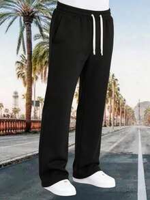 Men's Solid Color Drawstring Straight Leg Sweatpants, Loose Casual Sports Jogger Trousers For Outdoor Daily Wear, Ideal Holiday & Boyfriend Gift - Black - View 2