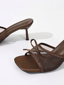 网布透气露趾高跟凉鞋，百搭简约蝴蝶结细高跟拖鞋，夏季新款 - 棕色方頭單網 - 查看 3