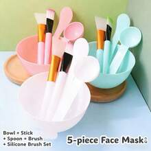 5件套塑料面膜碗套装，DIY SPA 面膜刷，勺子，硅胶刷美容工具 - 彩色 - 查看 1
