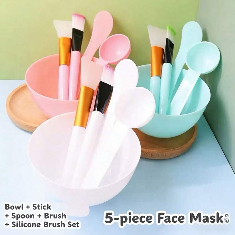5件套塑料面膜碗套装，DIY SPA 面膜刷，勺子，硅胶刷美容工具 - 彩色 - 查看 1